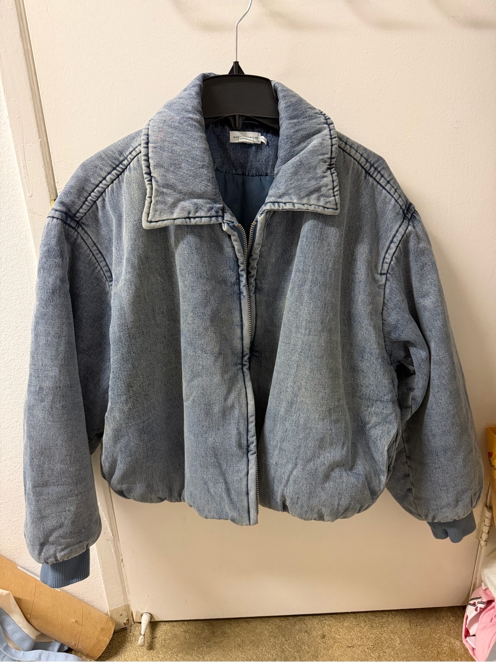 Good American Light Blue Denim Bomber Jacket
